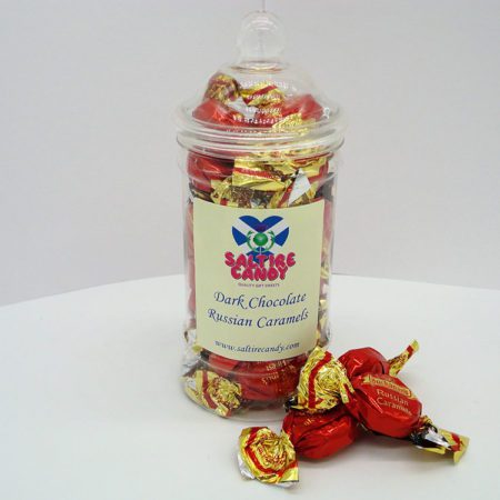 Dark Chocolate Russian Caramels Sweet Jar available to buy online from Scottish sweet shop Saltire Candy
