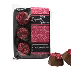Belgian milk chocolate raspberry and prosecco cream filled hearts with freeze-dried raspberry topping, 6 pack by Saltire Candy online Scottish Sweet Shop
