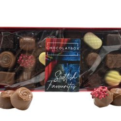 Handmade Belgian milk dark and white chocolate Scottish Favourites selection gift box 18 pack by Saltire Candy online Scottish Sweet Shop.