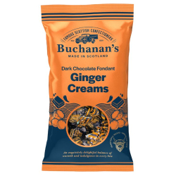 An orange coloured bag of Buchanan's dark chocolate fondant ginger creams made in Scotland.