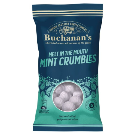 A blue & green coloured bag of Buchanan's mint crumbles made in Scotland.